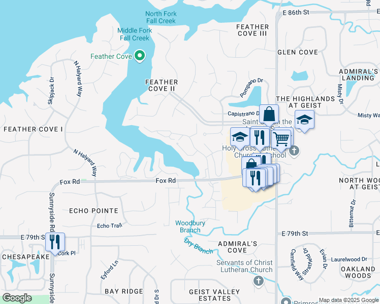 map of restaurants, bars, coffee shops, grocery stores, and more near 8132 Shorewalk Drive in Indianapolis