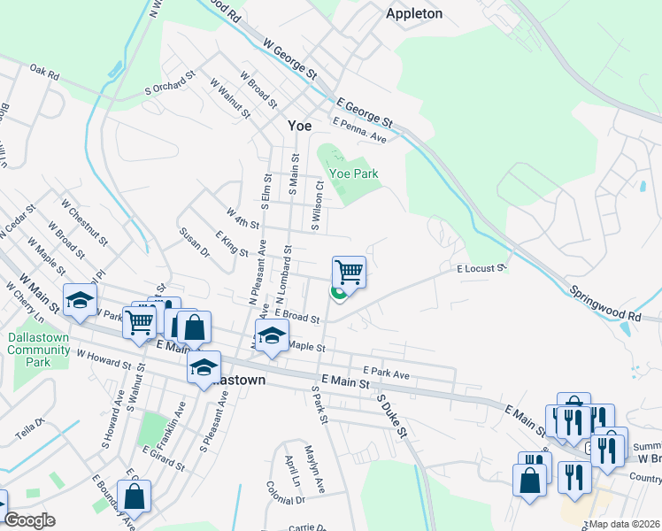 map of restaurants, bars, coffee shops, grocery stores, and more near 72 East 4th Street in Yoe