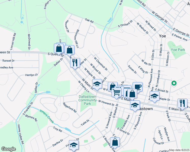 map of restaurants, bars, coffee shops, grocery stores, and more near 305 West Maple Street in Dallastown