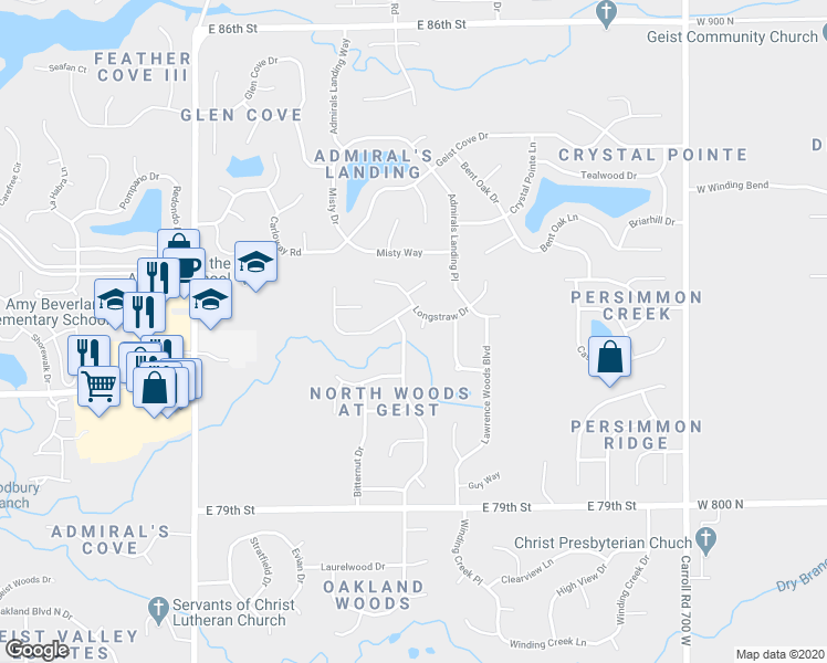 map of restaurants, bars, coffee shops, grocery stores, and more near 8112 Blackgum Court in Indianapolis