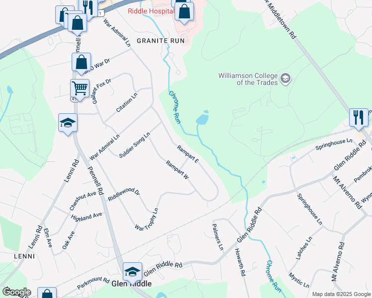 map of restaurants, bars, coffee shops, grocery stores, and more near 25 Rampart East in Media