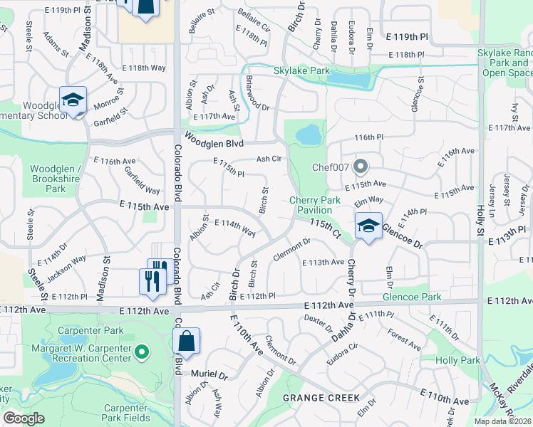 map of restaurants, bars, coffee shops, grocery stores, and more near 11537 Birch Street in Thornton