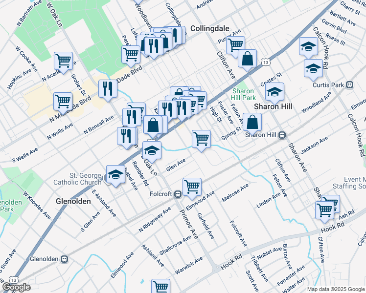map of restaurants, bars, coffee shops, grocery stores, and more near 116 Burton Lane West in Folcroft