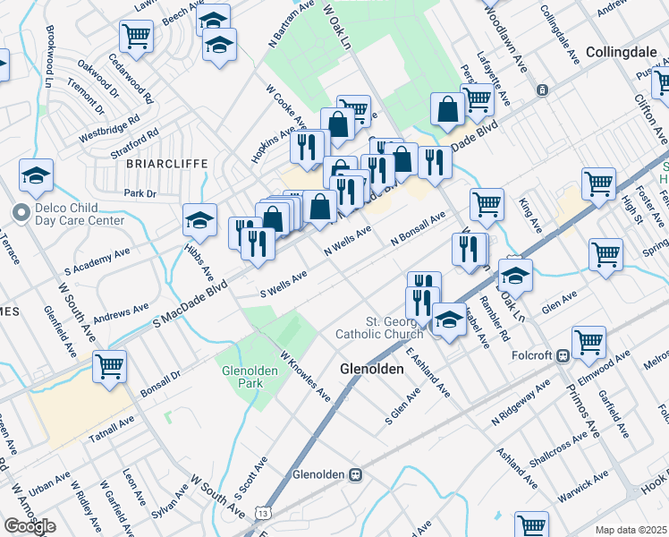 map of restaurants, bars, coffee shops, grocery stores, and more near 3 North Wells Avenue in Glenolden