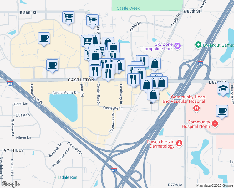 map of restaurants, bars, coffee shops, grocery stores, and more near 6505 East 82nd Street in Indianapolis