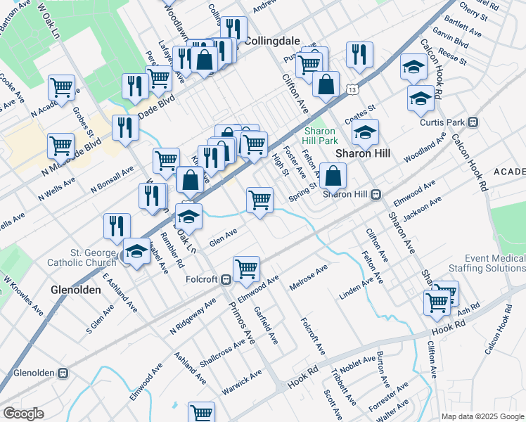 map of restaurants, bars, coffee shops, grocery stores, and more near 1452 Watson Road in Sharon Hill