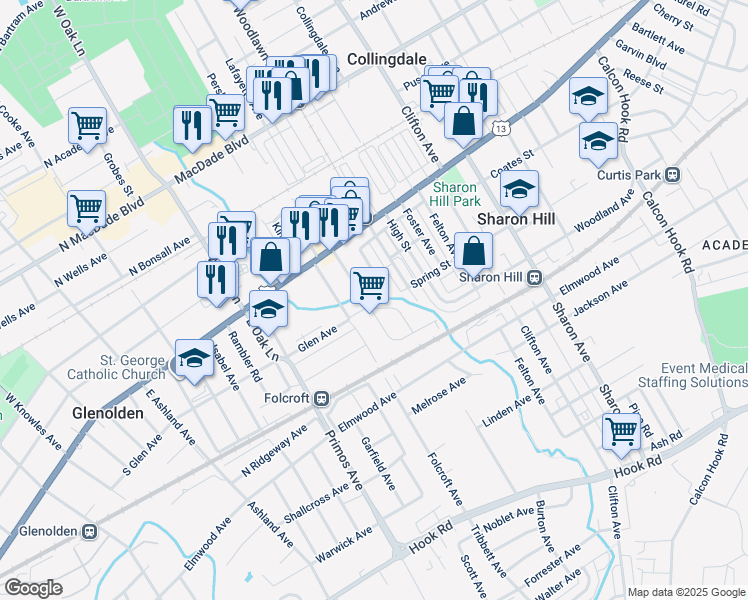 map of restaurants, bars, coffee shops, grocery stores, and more near 1452 Watson Road in Sharon Hill