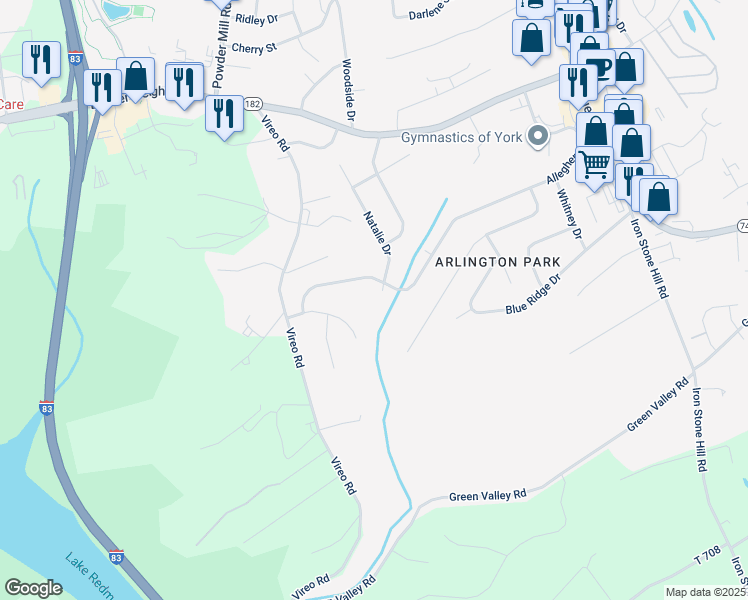 map of restaurants, bars, coffee shops, grocery stores, and more near 338 Allegheny Drive in York
