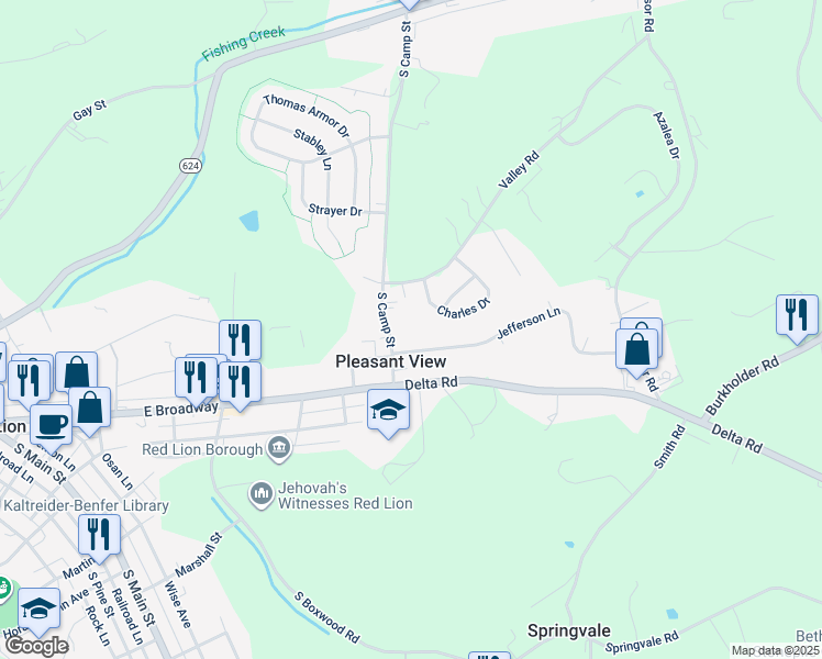 map of restaurants, bars, coffee shops, grocery stores, and more near 315 South Camp Street in Red Lion