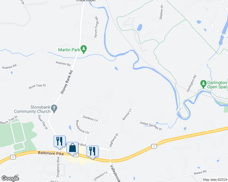 map of restaurants, bars, coffee shops, grocery stores, and more near 168 Kingswood Court in Glen Mills