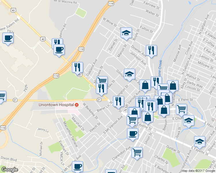 map of restaurants, bars, coffee shops, grocery stores, and more near 57 Nassau Street in Uniontown