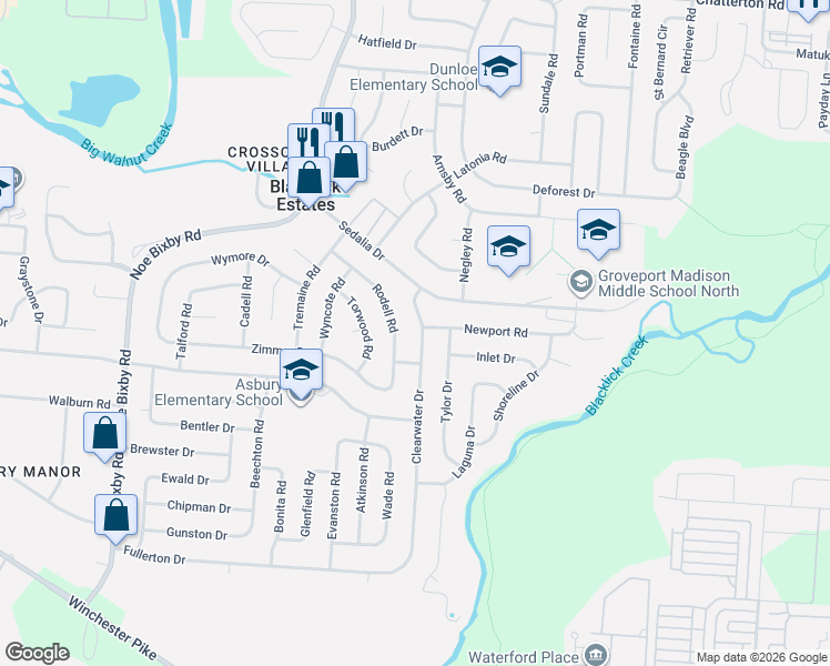 map of restaurants, bars, coffee shops, grocery stores, and more near 3560 Rodell Road in Columbus