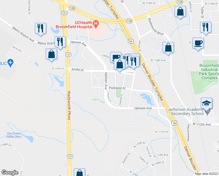 map of restaurants, bars, coffee shops, grocery stores, and more near 8355 Parkland Street in Broomfield