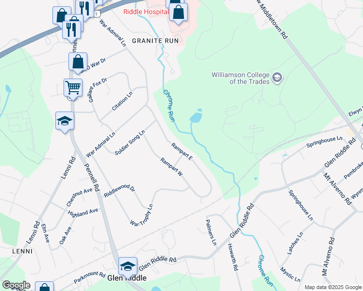 map of restaurants, bars, coffee shops, grocery stores, and more near 25 Rampart East in Media
