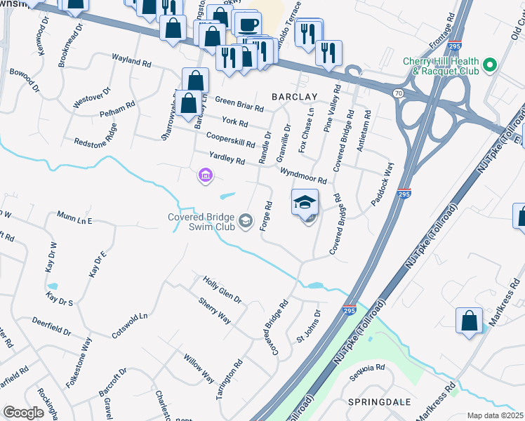 map of restaurants, bars, coffee shops, grocery stores, and more near 1211 Forge Road in Cherry Hill