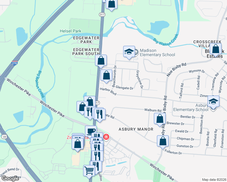 map of restaurants, bars, coffee shops, grocery stores, and more near 3453 Beachworth Drive in Columbus