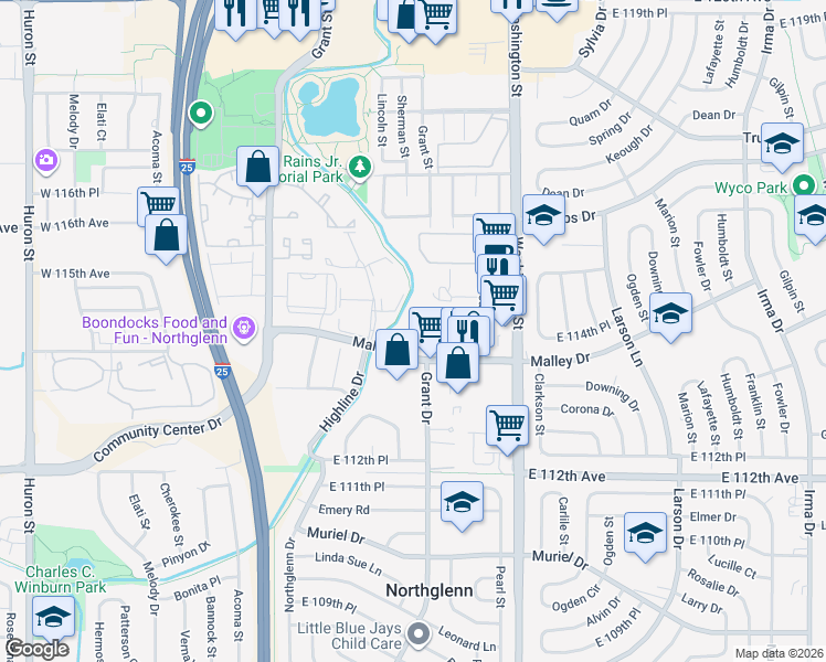 map of restaurants, bars, coffee shops, grocery stores, and more near 401 Malley Drive in Northglenn