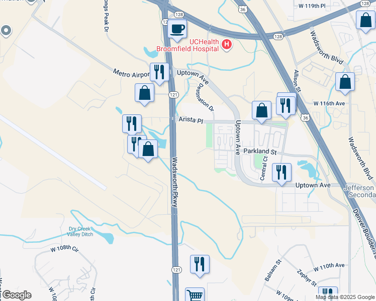 map of restaurants, bars, coffee shops, grocery stores, and more near 11469 Destination Drive in Broomfield