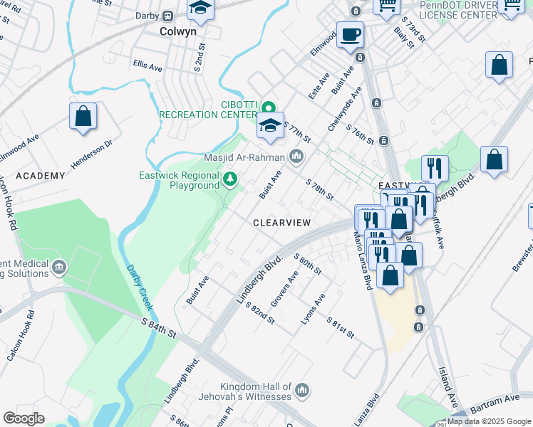map of restaurants, bars, coffee shops, grocery stores, and more near 7915 Buist Avenue in Philadelphia