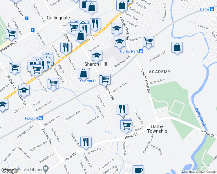 map of restaurants, bars, coffee shops, grocery stores, and more near 437 Sharon Avenue in Sharon Hill