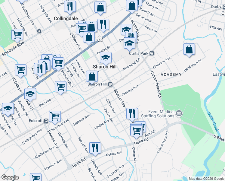 map of restaurants, bars, coffee shops, grocery stores, and more near 437 Sharon Avenue in Sharon Hill