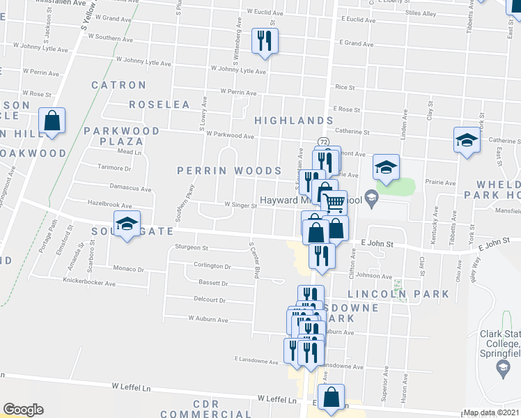 map of restaurants, bars, coffee shops, grocery stores, and more near 1774 South Center Boulevard in Springfield