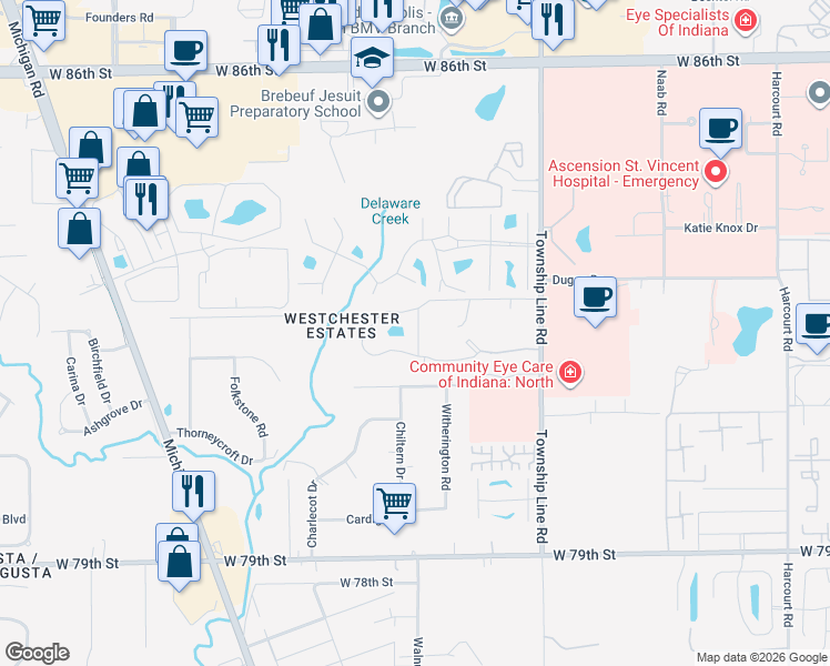 map of restaurants, bars, coffee shops, grocery stores, and more near 2715a Marquette Circle in Indianapolis