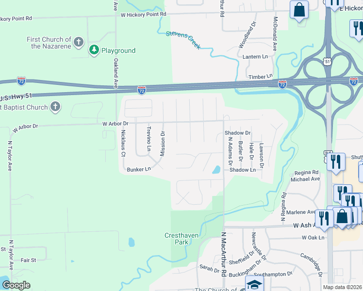 map of restaurants, bars, coffee shops, grocery stores, and more near 4601-4699 Dogwood Ct in Decatur