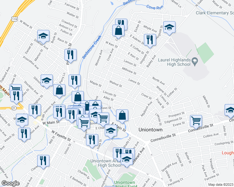 map of restaurants, bars, coffee shops, grocery stores, and more near 57 Lincoln Street in Uniontown