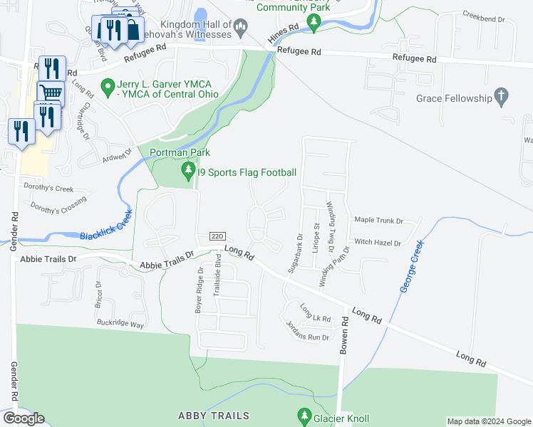 map of restaurants, bars, coffee shops, grocery stores, and more near 7452 Melynne Trace in Canal Winchester