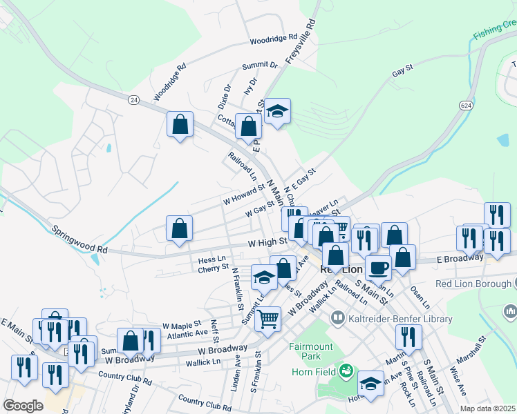 map of restaurants, bars, coffee shops, grocery stores, and more near 43 West Gay Street in Red Lion