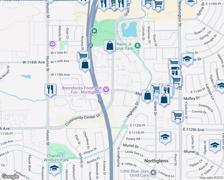 map of restaurants, bars, coffee shops, grocery stores, and more near 419 Community Center Drive in Northglenn
