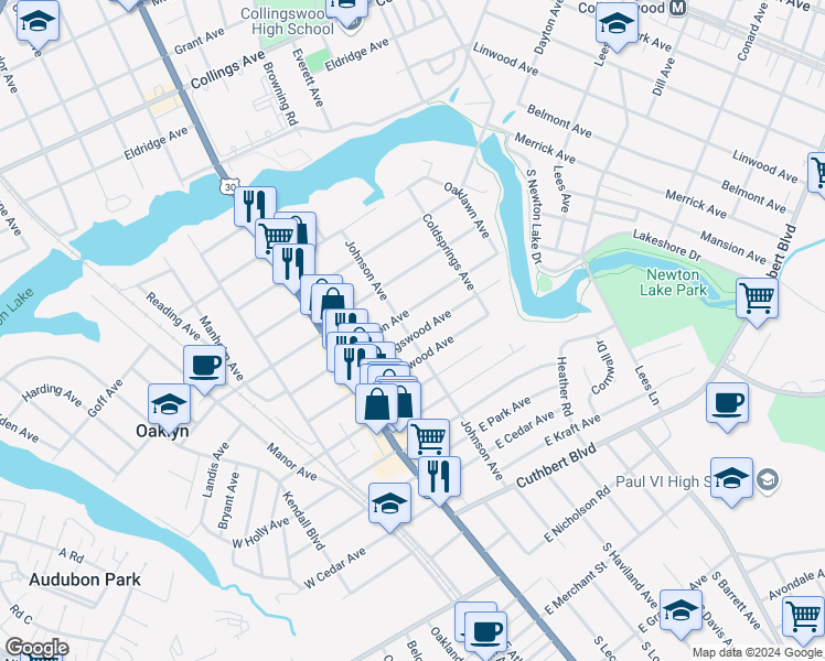 map of restaurants, bars, coffee shops, grocery stores, and more near 27 East Collingswood Avenue in Haddon Township