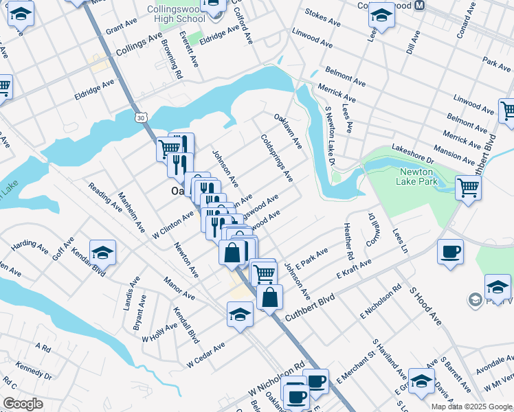 map of restaurants, bars, coffee shops, grocery stores, and more near 102 East Clinton Avenue in Haddon Township