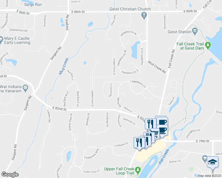map of restaurants, bars, coffee shops, grocery stores, and more near 8268 Plumwood Lane in Indianapolis