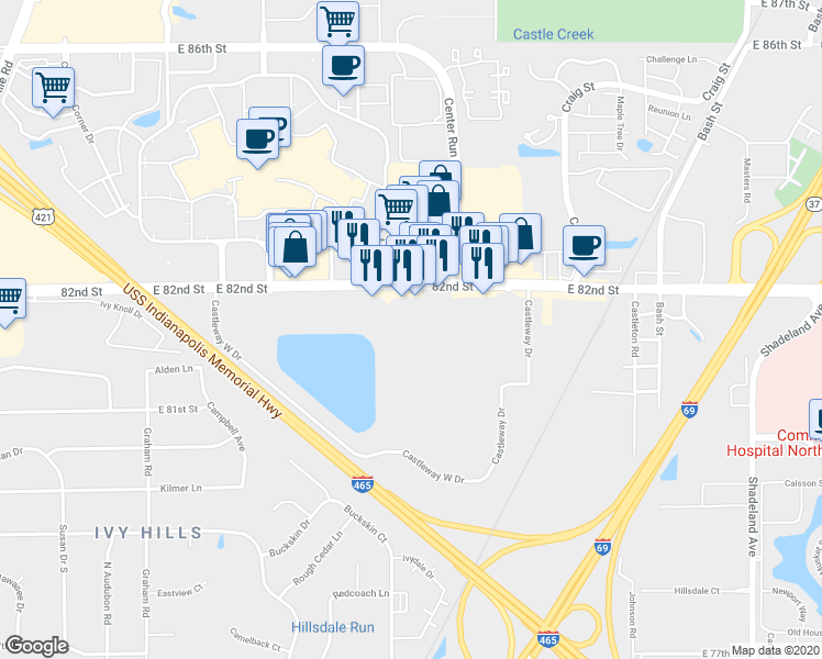 map of restaurants, bars, coffee shops, grocery stores, and more near 8125 Knue Road in Indianapolis