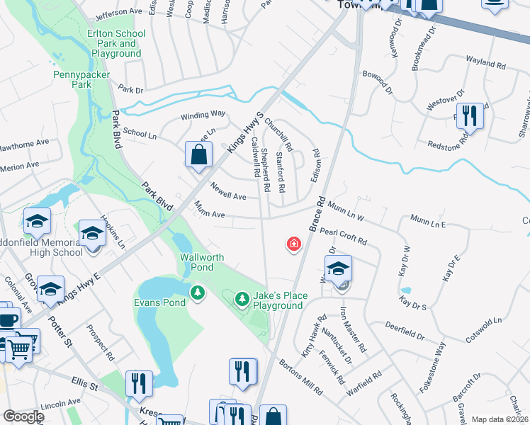 map of restaurants, bars, coffee shops, grocery stores, and more near 44 Newell Avenue in Cherry Hill