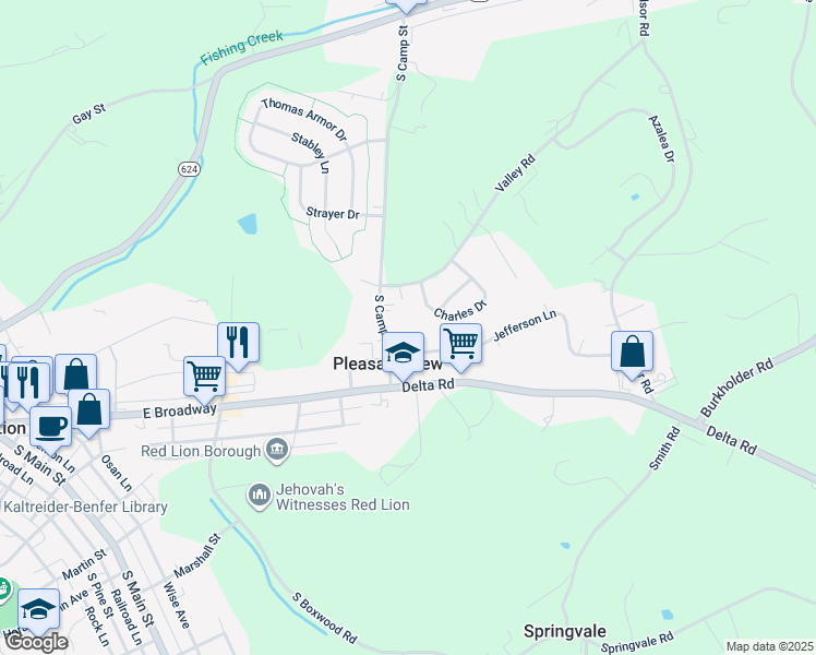 map of restaurants, bars, coffee shops, grocery stores, and more near 315 South Camp Street in Red Lion
