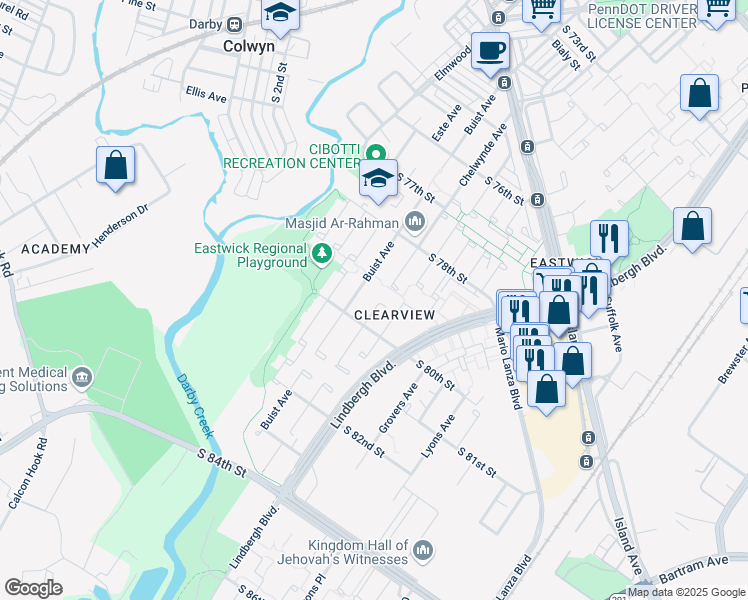 map of restaurants, bars, coffee shops, grocery stores, and more near 7901 Caesar Place in Philadelphia
