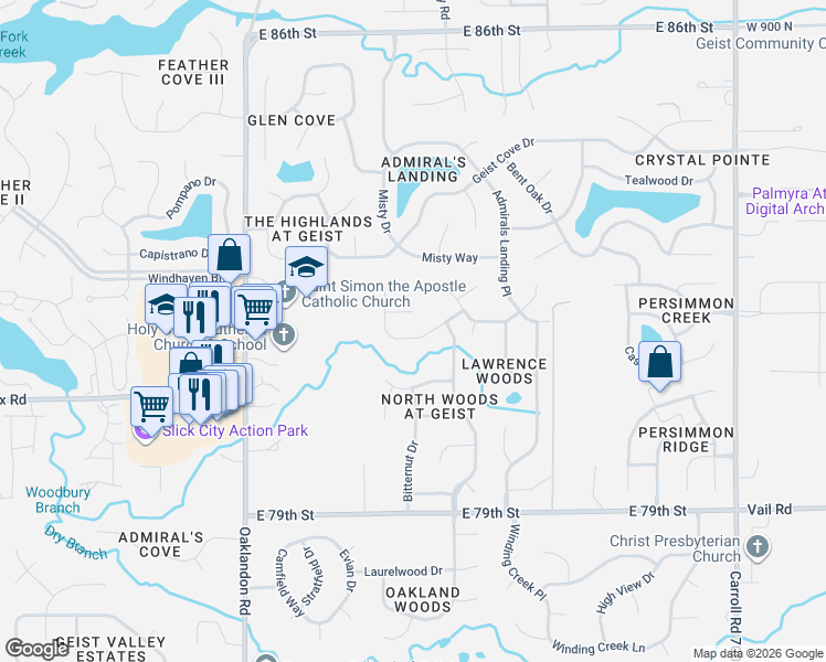 map of restaurants, bars, coffee shops, grocery stores, and more near 12150 Madrone Drive in Indianapolis