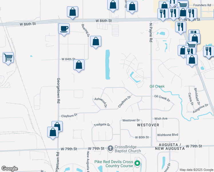 map of restaurants, bars, coffee shops, grocery stores, and more near 4304 Oil Creek Drive in Indianapolis