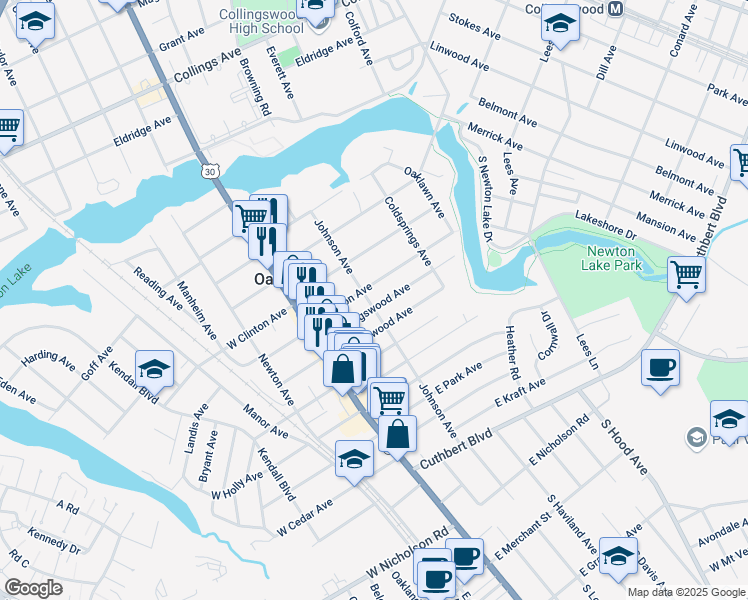 map of restaurants, bars, coffee shops, grocery stores, and more near 27 East Collingswood Avenue in Haddon Township