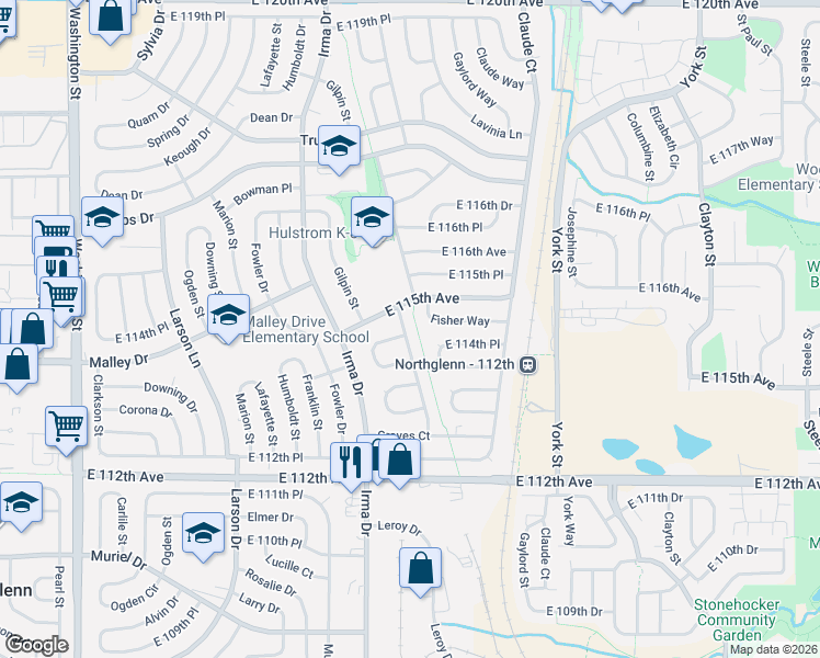 map of restaurants, bars, coffee shops, grocery stores, and more near 1912 Fisher Way in Northglenn