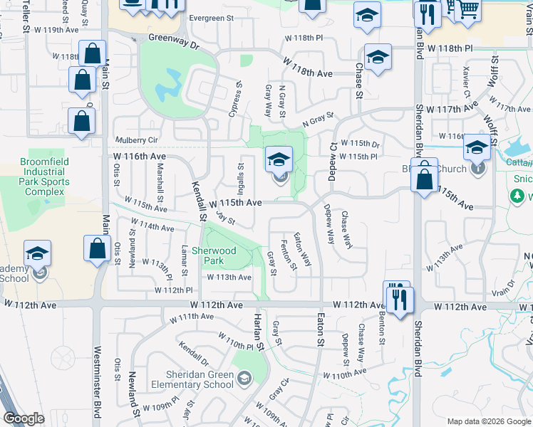 map of restaurants, bars, coffee shops, grocery stores, and more near 5860 West 115th Avenue in Westminster