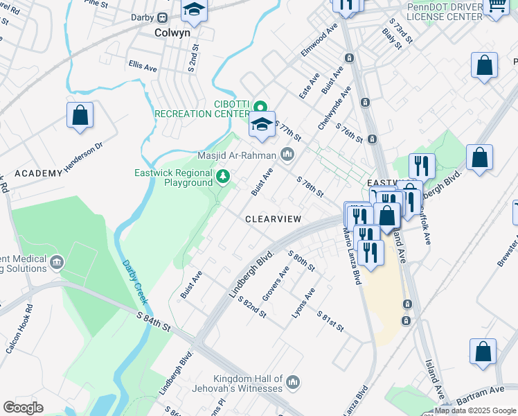map of restaurants, bars, coffee shops, grocery stores, and more near 7901 Caesar Place in Philadelphia