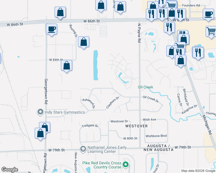 map of restaurants, bars, coffee shops, grocery stores, and more near 8214 Oil Creek Court in Indianapolis