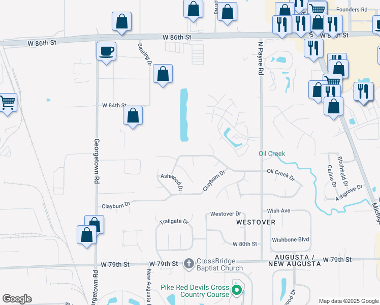 map of restaurants, bars, coffee shops, grocery stores, and more near 4304 Oil Creek Drive in Indianapolis