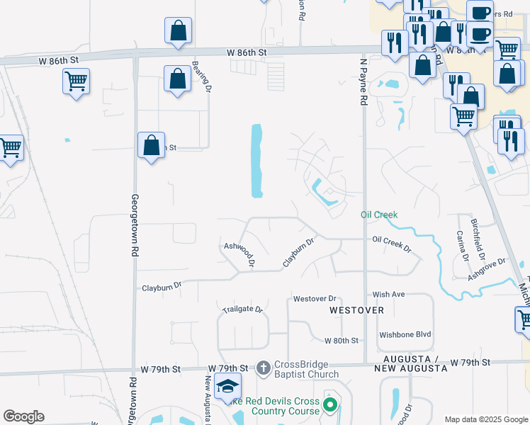 map of restaurants, bars, coffee shops, grocery stores, and more near 4304 Oil Creek Drive in Indianapolis