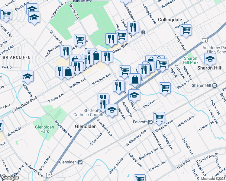 map of restaurants, bars, coffee shops, grocery stores, and more near 308 North Scott Avenue in Glenolden