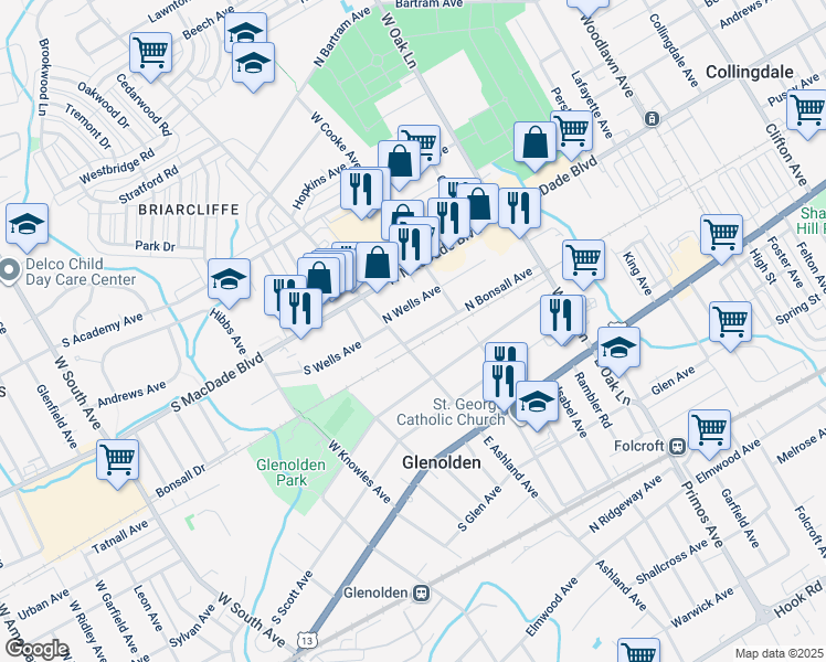 map of restaurants, bars, coffee shops, grocery stores, and more near 14 North Bonsall Avenue in Glenolden